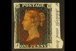 1840  1d Black 'JL' Plate 5, SG 2, Used With 4 Margins Including Large Part Of Sheet Selvage At Right Showing "(th)e Add - Unclassified