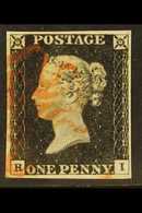 1840  1d Black 'R I'  Plate 2, SG 2, Used With 4 Margins & Red MC Cancellation. For More Images, Please Visit Http://www - Non Classificati