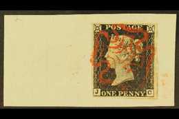 1840  1d Black 'JC' Plate 2, SG 2, Used With Full Margins Just Touching At One Corner, Tied To Piece By Lovely Red MC Ca - Non Classificati