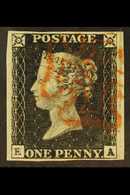 1840  1d Black 'EA' Plate 2, SG 2, Used With 4 Margins & Red MC Cancellation Leaving The Profile Clear. A Large And Beau - Non Classificati