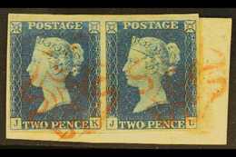 1840  2d Pale Blue PAIR 'JK - JL' Plate 1, SG 6, Used With 4 Margins, Tied To Piece By Bright Red MC Cancellations. For  - Other & Unclassified