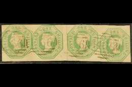1847  1s Green Embossed, SG 55, Used STRIP OF FOUR Neatly Cut Square & Lightly Cancelled, Folded Between 2nd & 3rd Stamp - Other & Unclassified
