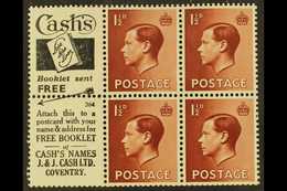 BOOKLET PANES WITH ADVERTISING LABELS  1½d Red Brown Booklet Panes Of 4 With 2 Advertising Labels (Cash's), SG Spec. PB5 - Non Classificati