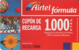 ESPAÑA. Acr-040. AIRTEL FORMULA - Cupón Recarga Con S.A. 1000 PTAS. 31-12-2000.(217P) - Airtel
