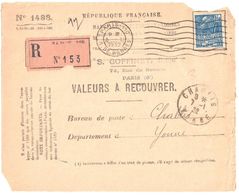 4437 PARIS 110 Valeurs à Recouvrer 1488 Expo Coloniale 1931 1,50 F Bleu Yv 273 Dest Chablis Yonne - Covers & Documents