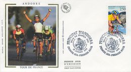 1993 ANDORRA FRANCESA , SOBRE DE PRIMER DIA , ED. 455 - CICLISMO , PASO DEL TOUR DE FRANCE POR ANDORRA - FDC