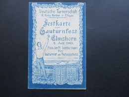 Festkarte Gauturnfest Elmshorn 1905 Bahnpoststempel Hamburg - Hoyerschleuse Zug 1011 Schleswig / Dänemark - Gymnastique