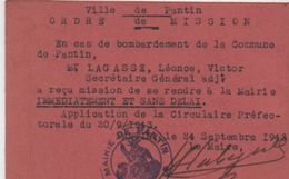 Militaria/Ordre De Mission/ Ville De PANTIN/ En Cas De Bombardement De La Commune/Léonce Lagasse/1943            AEC106 - Documenti