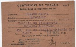 Carte De Soc/Société Anonyme De Transports Urbains Et Ruraux/Certificat De Travail/Chéze/Conducteur/Vers1942-1943 AEC129 - Sonstige & Ohne Zuordnung