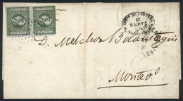 115 ARGENTINA: GJ.16 Vertical Pair Of 4R. Worn Impression, On Folded Cover With Dotted C - Buenos Aires (1858-1864)