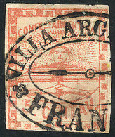 122 ARGENTINA: GJ.1, 5c. Red With The Extremely Rare Double Ellipse Cancel Of VILLA ARGE - Autres & Non Classés