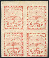 133 ARGENTINA: GJ.4c, 5c. Large Figures, Corner Block Of 4 With VARIETY: "Without Fram - Other & Unclassified