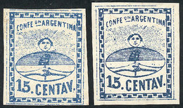 135 ARGENTINA: GJ.6 + 6A, 15c. Large Figures, Blue And Dark Blue, Excellent Quality! - Other & Unclassified