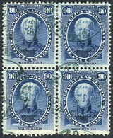 198 ARGENTINA: GJ.44, 1867 90c. Saavedra, Block Of 4 With Blue Cancel "Oficina De Fran - Sonstige & Ohne Zuordnung