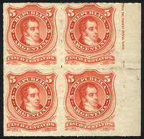 199 ARGENTINA: GJ.48, 1876 5c. Rivadavia Rouletted, Mint Block Of 4 With Sheet Margin Wi - Autres & Non Classés