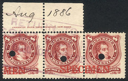 201 ARGENTINA: GJ.54B, Strip Of 3 With Red SPECIMEN Overprint And Punch Hole, Also Viol - Autres & Non Classés