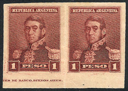 223 ARGENTINA: GJ.148P, 1892 1P. San Martín, IMPERFORATE PAIR, Issued Without Gum, VF An - Autres & Non Classés