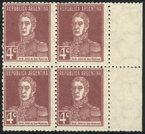 255 ARGENTINA: GJ.598a, 4c. San Martín, Block Of 4, The Right Stamps With COMPLETE DOUBL - Autres & Non Classés