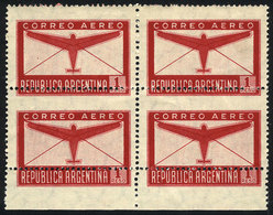 287 ARGENTINA: GJ.847, Block Of 4 With Variety: STRONGLY SHIFTED PERFORATION, Fantastic - Airmail