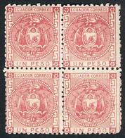 663 ECUADOR: Sc.11, 1P. Rose, Mint BLOCK OF 4 With Full Original Gum, 2 Stamps Hinged, T - Ecuador