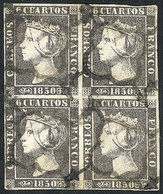 702 SPAIN: Sc.1 (Edifil 1A), 1850 6c. Black, Beautiful Block Of 4. With 2 Pin Holes Affe - Autres & Non Classés