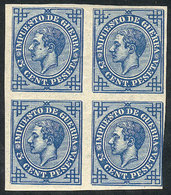 706 SPAIN: Sc.MR5, 1876 5c. Alfonso XII, IMPERFORATE Block Of 4 With Color Error (blue I - Sonstige & Ohne Zuordnung