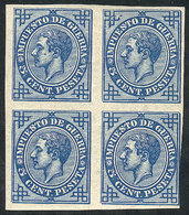 706 SPAIN: Sc.MR5, 1876 5c. Alfonso XII, IMPERFORATE Block Of 4 With Color Error (blue I - Autres & Non Classés