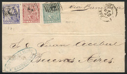 711 SPAIN: 16/AP/1874 Barcelona - Buenos Aires: Folded Cover With Beautiful Tri-color Po - Other & Unclassified