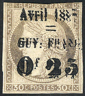 800 FRENCH GUIANA: Sc.7a, 1887 25c. On 30c. With DOUBLE OVERPRINT Variety, Defect On Rev - Autres & Non Classés