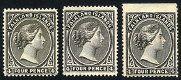 1023 FALKLAND ISLANDS/MALVINAS: Sc.6 + 6a + 6b, 1883/95 Victoria 4p. With Right Watermark - Falkland
