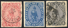 1108 PARAGUAY: Yvert 1/3, 1870 Lion, Cmpl. Set Of 3 Values, The 2R. Mint, The Rest Used, - Paraguay