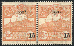 1174 SAN MARINO: Yvert 40 + 46a, 1905 Provisional Of 15c., Pair With Both Overprint Types - Other & Unclassified