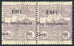1175 SAN MARINO: Sc.B2, 1917 Pro-Combattenti 50c. On 2L. Violet, Mint Pair Of Very Fine Q - Other & Unclassified