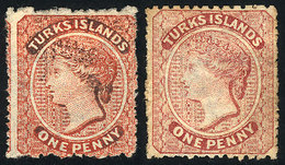 1214 TURKS ISLANDS: Sc.4/5, 1873/9 1p. In The 2 Colors, Mint No Gum, Fine To VF Quality, - Turks & Caicos (I. Turques Et Caïques)