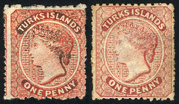 1214 TURKS ISLANDS: Sc.4/5, 1873/9 1p. In The 2 Colors, Mint No Gum, Fine To VF Quality, - Turks & Caicos