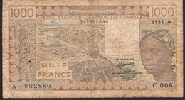 WEST AFRICAN STATES IVORY COAST P107Ab 1000 FRANCS 1981 FINE - États D'Afrique De L'Ouest