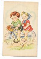 BAMBINI IN BICICLETTA ILLUSTRATA G.GALBIATI - RETRO F.BOLLO FILATELICO 1977 - LA CARTOLINA E DEL 1930/40 FP - Andere & Zonder Classificatie