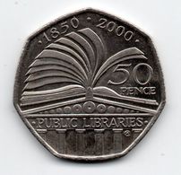 Great Britain 2000  50 PENCE Commemorating  150 Years PUBLIC LIBRARIES  Used In VERY GOOD CONDITION. - 50 Pence