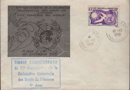 Cote Française Des Somalis Djibouti 10-12 I958 Avec Griffe Bleu 1er Jour 10e Ann. Des Droits De L'Homme - Cartas & Documentos