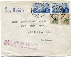 ESPAGNE LETTRE PAR AVION  AVEC CACHET 24 CENSURA MILITAR SANTA CRUZ DE TENERIFE DEPART Sta CRUZ DE TENERIFE 11-8-39. - Marques De Censures Républicaines