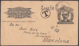 1904-EP-117 CUBA POSTAL STATIONERY. 1904. 1c MARTI. Ed.70. 1911 TO SPAIN, POSTAGE DUE. - Lettres & Documents