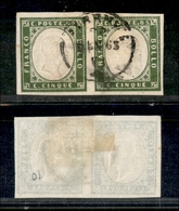 0074 ANTICHI STATI - SARDEGNA - 1862 - 5 Cent Verde Oliva (13Dc) - Coppia Orizzontale (600) - Otros & Sin Clasificación