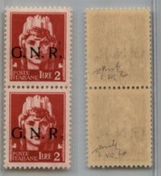 1290 GNR VERONA - 1944 - GNR Verona - 2 Lire (482ib/ic) - Coppia Verticale Con Difetto Di Stampa (rottura Sulla Destra D - Other & Unclassified