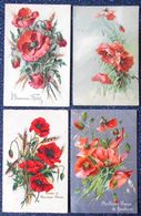 CPA Lot 4x Litho Chromo Illustrateur KLEIN RELIEF 1X FOND ARGENT PAVOT PAVOTS COQUELICOT ET GRAMINEES - Collections & Lots