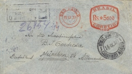 Brazil 1937 Registered Cover From Sao Paulo To Germany By Airmail With Meter Franking 5600 Rs - Automatenmarken (Frama)