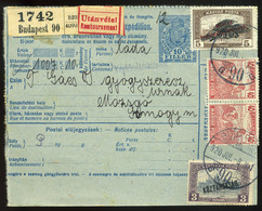 91406 BUDAPEST 1920. Utánvételes Csomagszállító , Vegyes Bérmentesítéssel Mozsgóra Küldve - Used Stamps