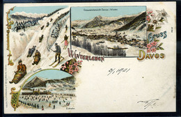 92913 SVÁJC 1901. Davos, Télisport  Litho Képeslap  /  SWITZERLAND 1901 Davos, Winter Sport Litho Vintage Pic. P.card - Autres & Non Classés