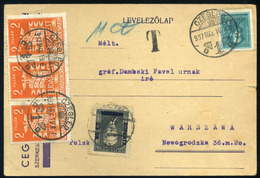 90975 CEGLÉD 1937. Levelezőlap Varsóba Küldve, Portózva , Gróf Dambski Pálnak   /  CEGLÉD 1937 P.card To Warsaw, Porto,  - Oblitérés