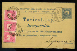 92996 ZÁGRÁB 1891. Kétnyelvű, Zárt Díjjegyes Távirat Előoldali 3*5kr Kiegészítéssel Sunja-ra Küldve. Ritka Darab! ( Belü - Used Stamps