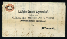 92947 TOLNA 1862. Biztosító Levél 10kr-ral, Szép Bélyegzéssel Pestre Küldve  /  TOLNA 1862 Insurance Letter 10kr Nice Pm - Briefe U. Dokumente